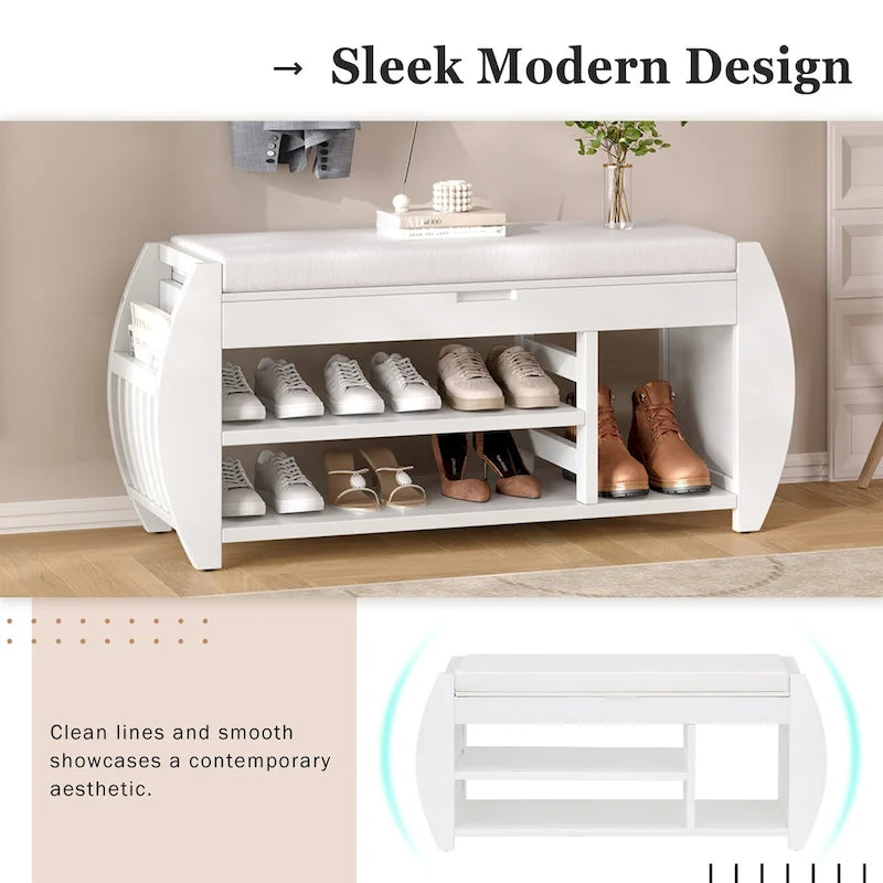 Banc de rangement rétro multifonctionnel avec coussin et panneau latéral courbé
