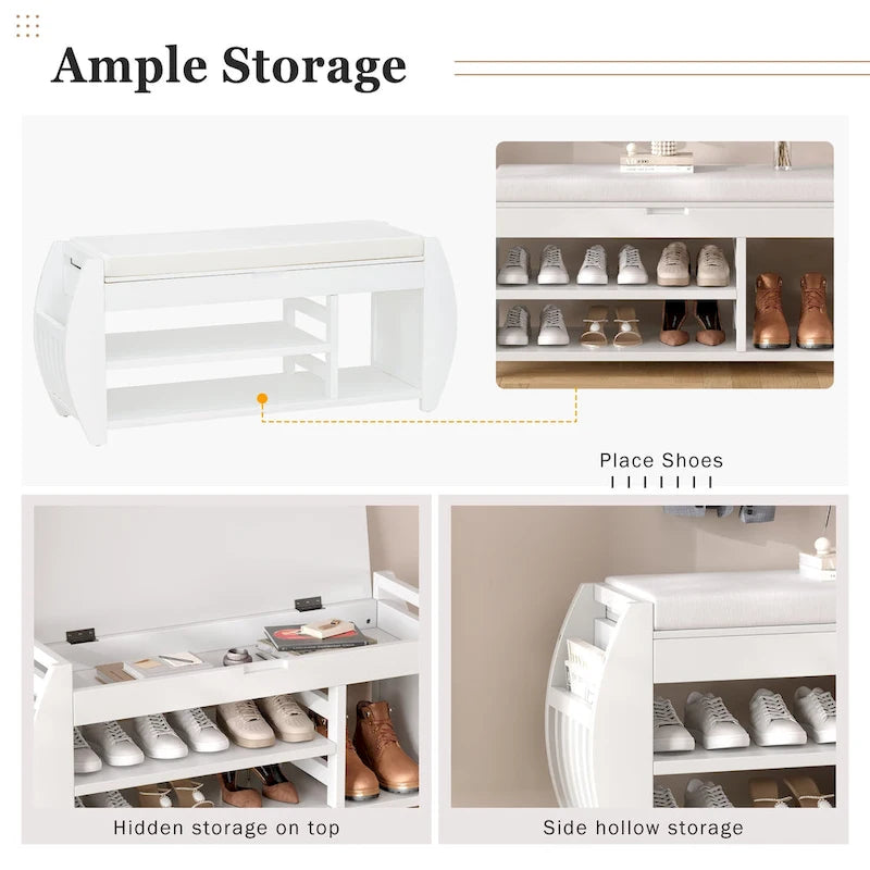 Banc de rangement rétro multifonctionnel avec coussin et panneau latéral courbé