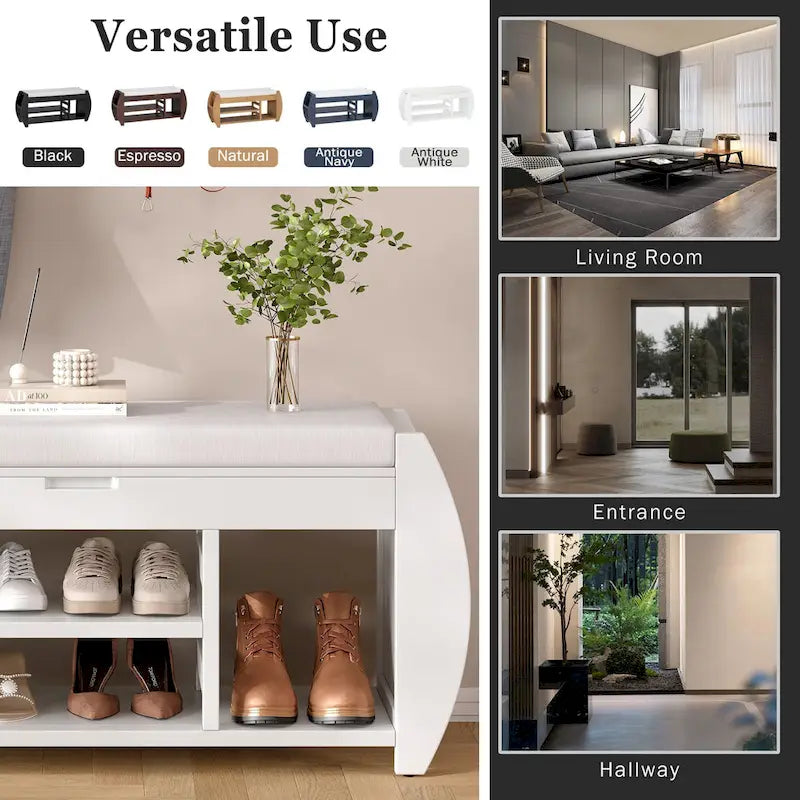 Banc de rangement rétro multifonctionnel avec coussin et panneau latéral courbé