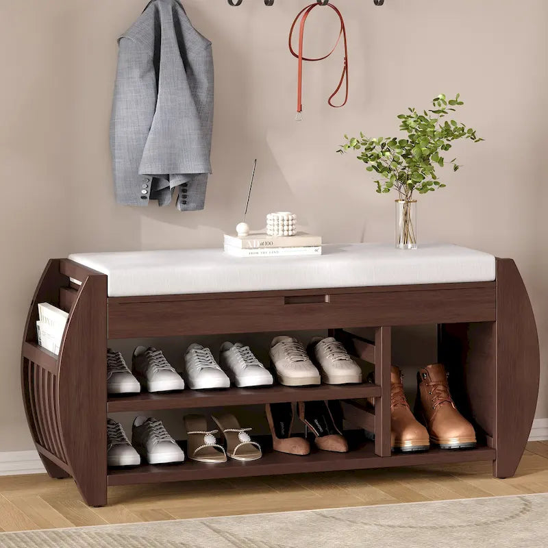 Banc de rangement rétro multifonctionnel avec coussin et panneau latéral courbé