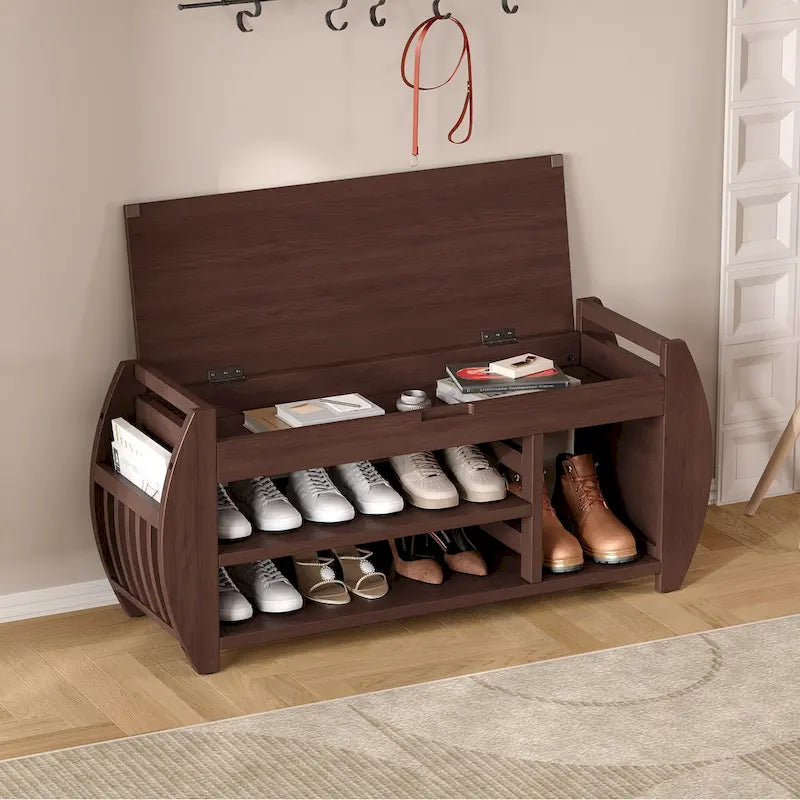 Banc de rangement rétro multifonctionnel avec coussin et panneau latéral courbé
