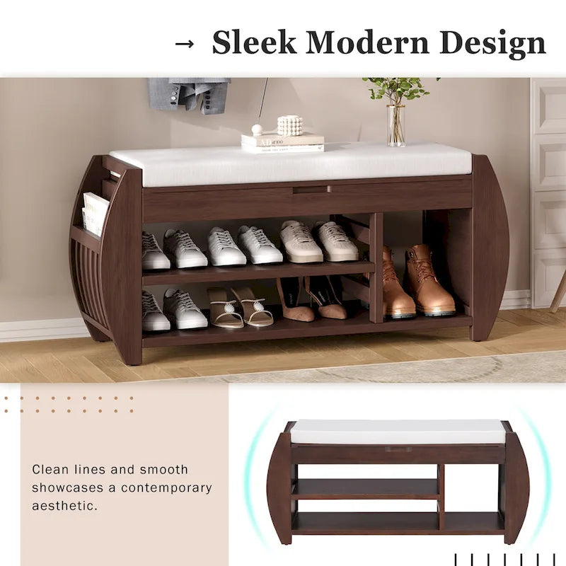 Banc de rangement rétro multifonctionnel avec coussin et panneau latéral courbé
