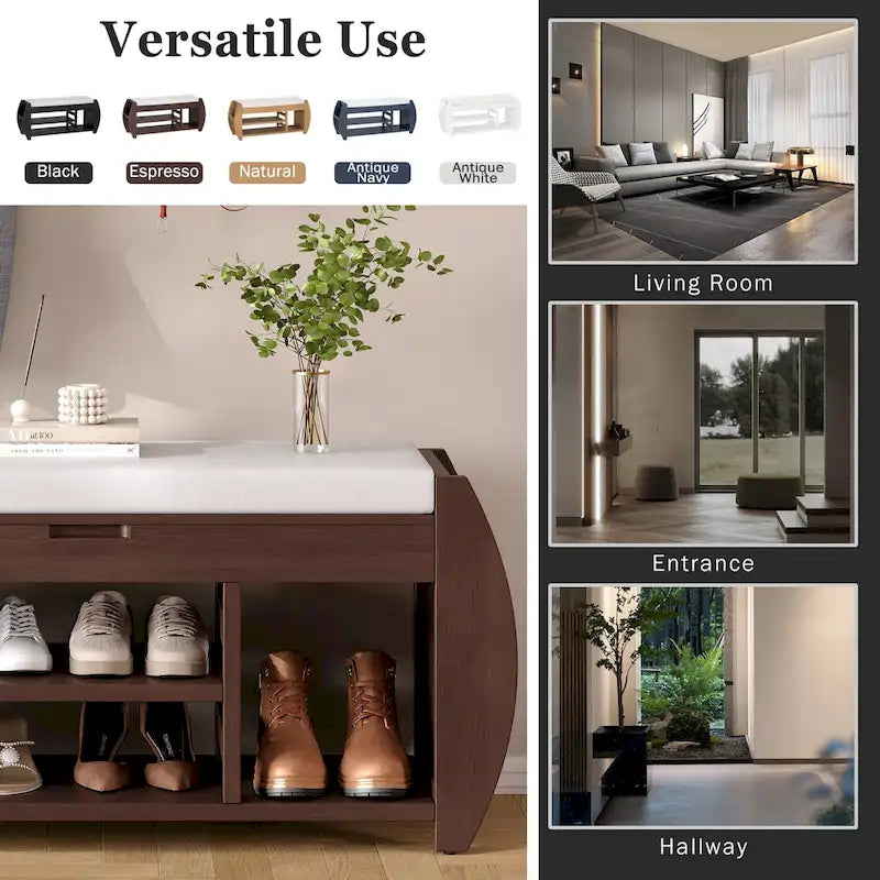Banc de rangement rétro multifonctionnel avec coussin et panneau latéral courbé