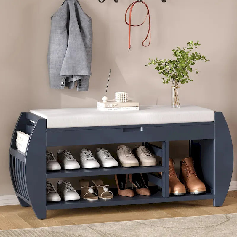 Banc de rangement rétro multifonctionnel avec coussin et panneau latéral courbé