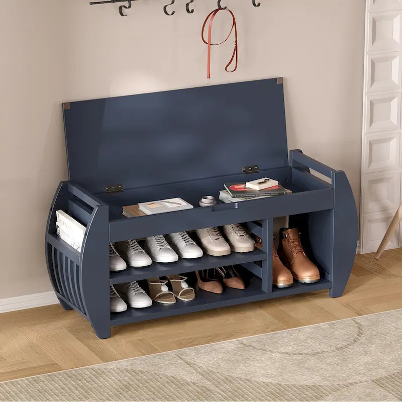 Banc de rangement rétro multifonctionnel avec coussin et panneau latéral courbé