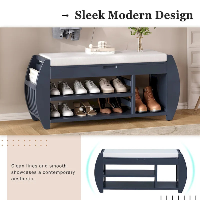 Banc de rangement rétro multifonctionnel avec coussin et panneau latéral courbé