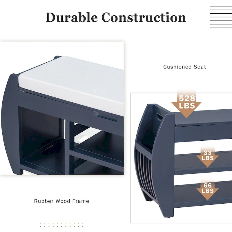 Banc de rangement rétro multifonctionnel avec coussin et panneau latéral courbé