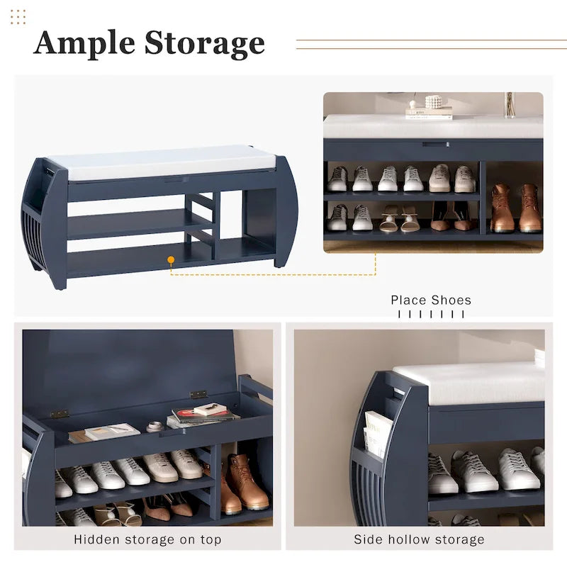Banc de rangement rétro multifonctionnel avec coussin et panneau latéral courbé