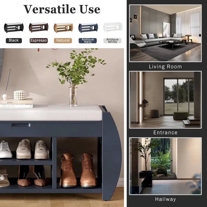 Banc de rangement rétro multifonctionnel avec coussin et panneau latéral courbé