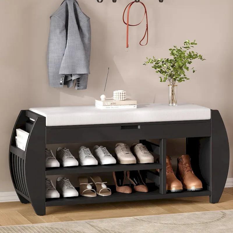 Banc de rangement rétro multifonctionnel avec coussin et panneau latéral courbé