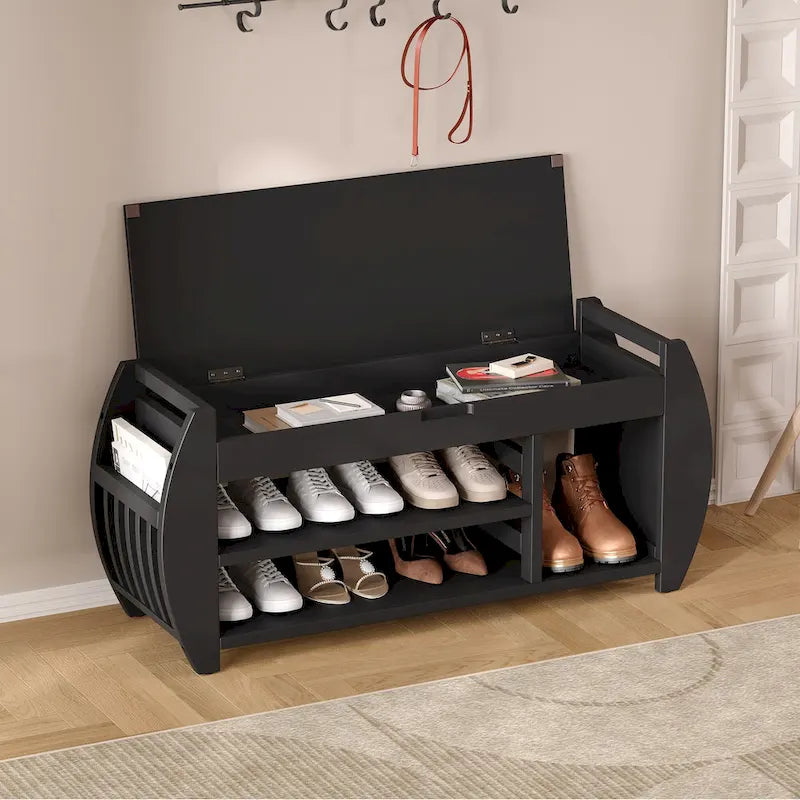 Banc de rangement rétro multifonctionnel avec coussin et panneau latéral courbé