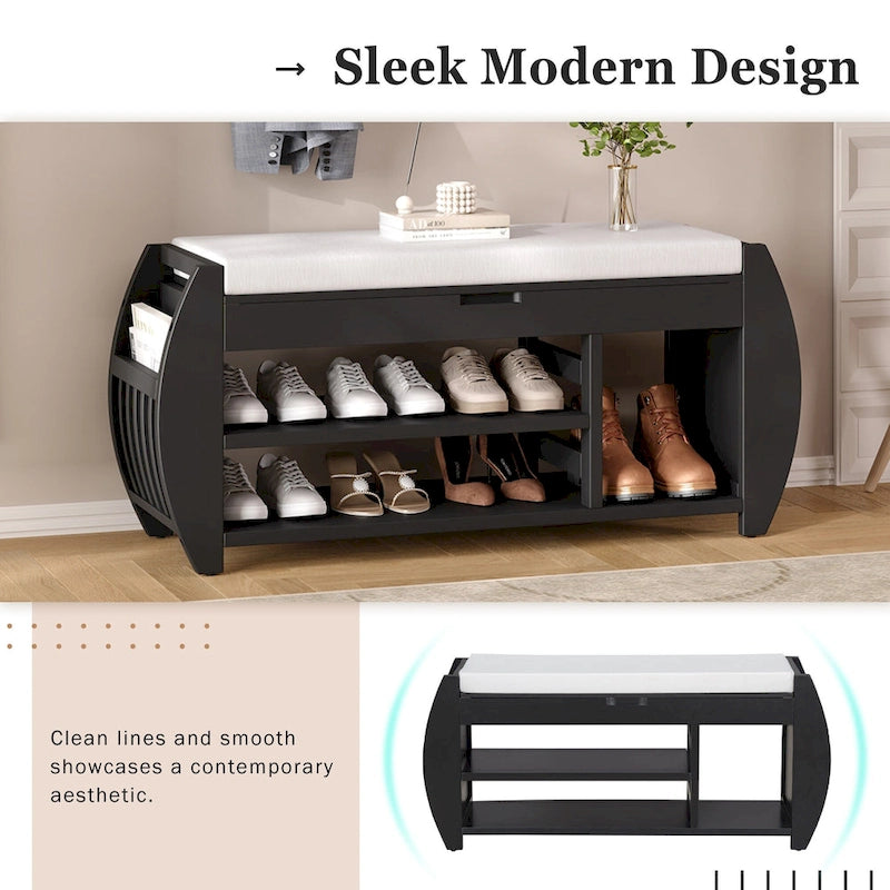 Banc de rangement rétro multifonctionnel avec coussin et panneau latéral courbé