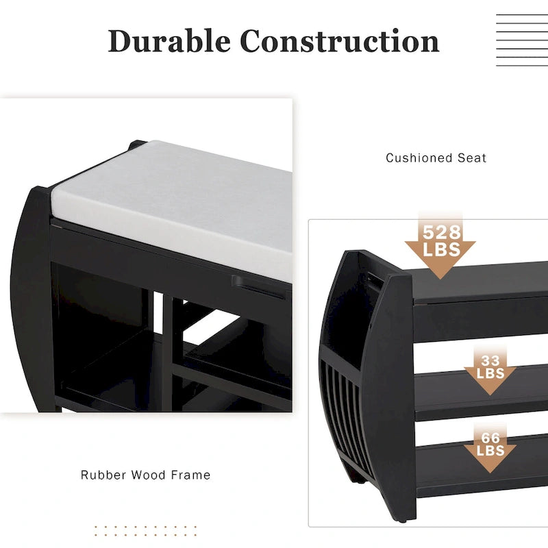 Banc de rangement rétro multifonctionnel avec coussin et panneau latéral courbé