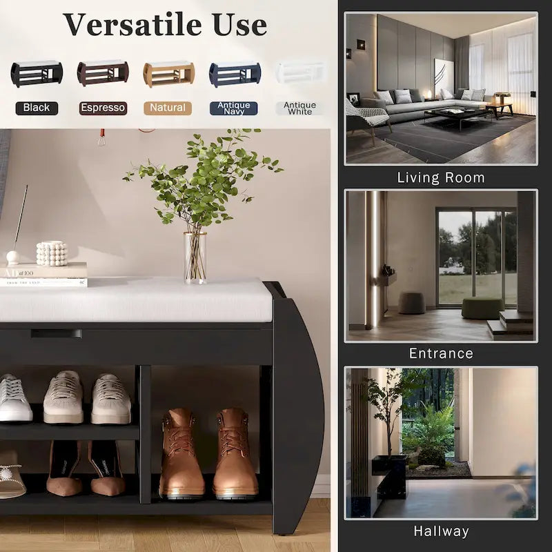 Banc de rangement rétro multifonctionnel avec coussin et panneau latéral courbé