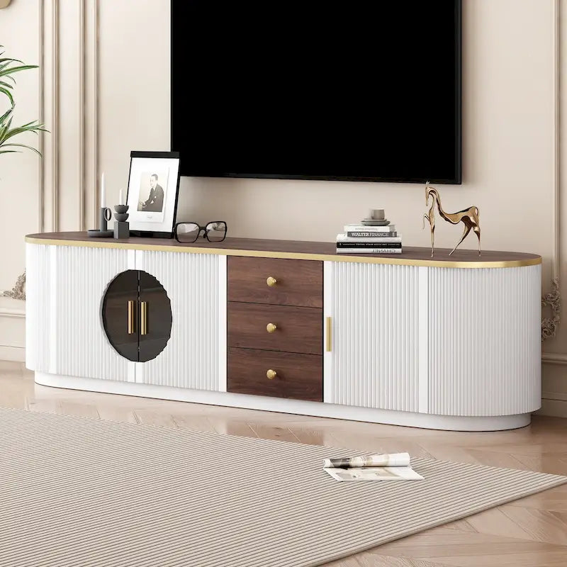 Meuble TV minimaliste moderne de 70,8 pouces pour téléviseurs jusqu'à 80 pouces, meuble de divertissement avec 3 tiroirs et 1 étagère