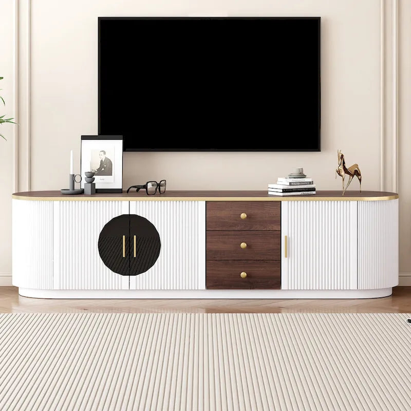 Meuble TV minimaliste moderne de 70,8 pouces pour téléviseurs jusqu'à 80 pouces, meuble de divertissement avec 3 tiroirs et 1 étagère