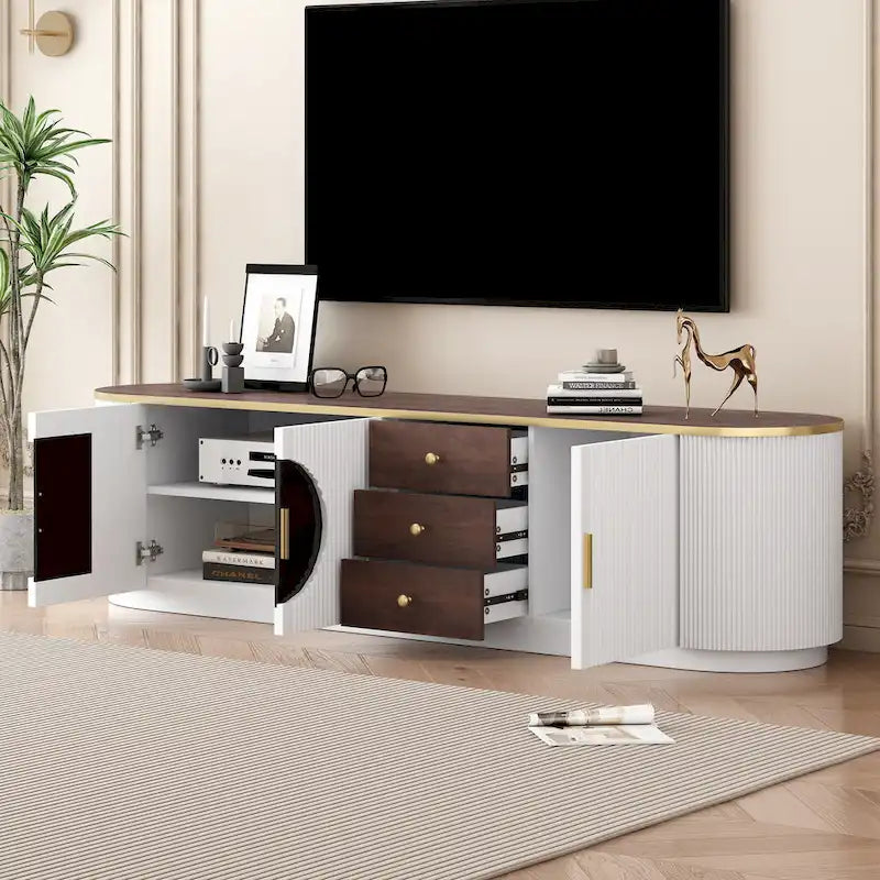 Meuble TV minimaliste moderne de 70,8 pouces pour téléviseurs jusqu'à 80 pouces, meuble de divertissement avec 3 tiroirs et 1 étagère