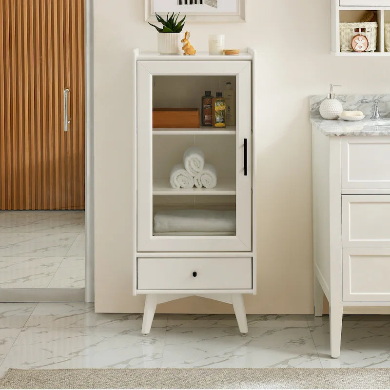 Meuble de rangement de salle de bain moderne avec porte vitrée, deux étagères réglables et tiroir