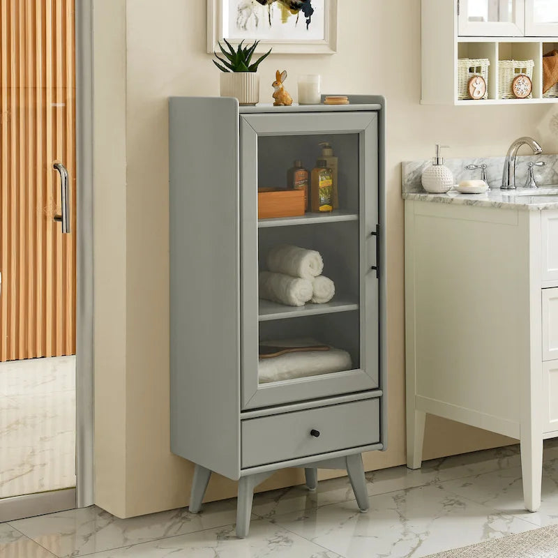 Meuble de rangement de salle de bain moderne avec porte vitrée, deux étagères réglables et tiroir