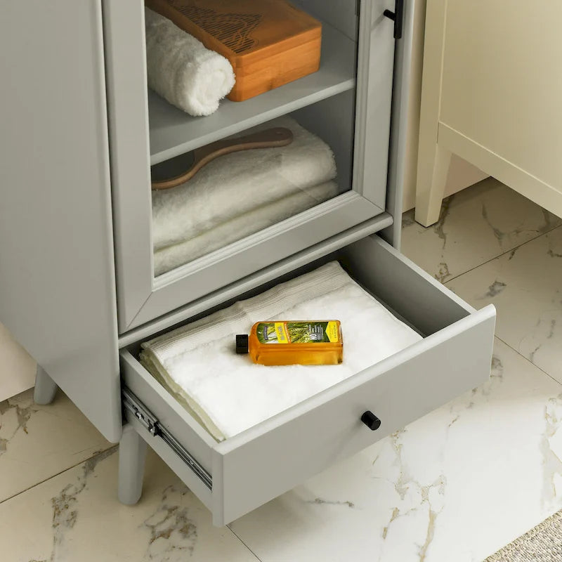 Meuble de rangement de salle de bain moderne avec porte vitrée, deux étagères réglables et tiroir