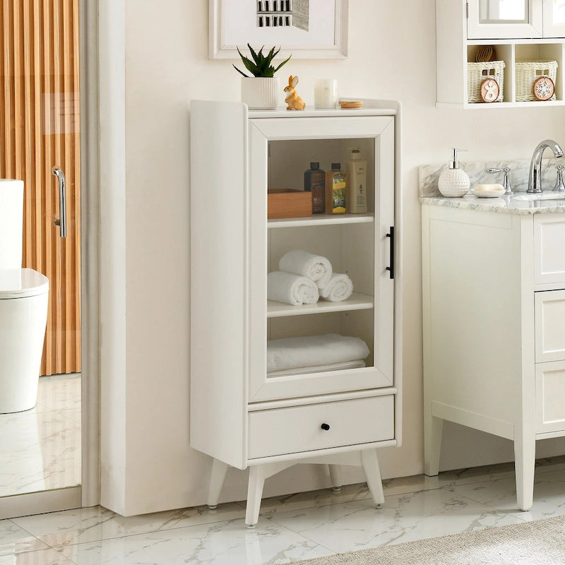 Meuble de rangement de salle de bain moderne avec porte vitrée, deux étagères réglables et tiroir