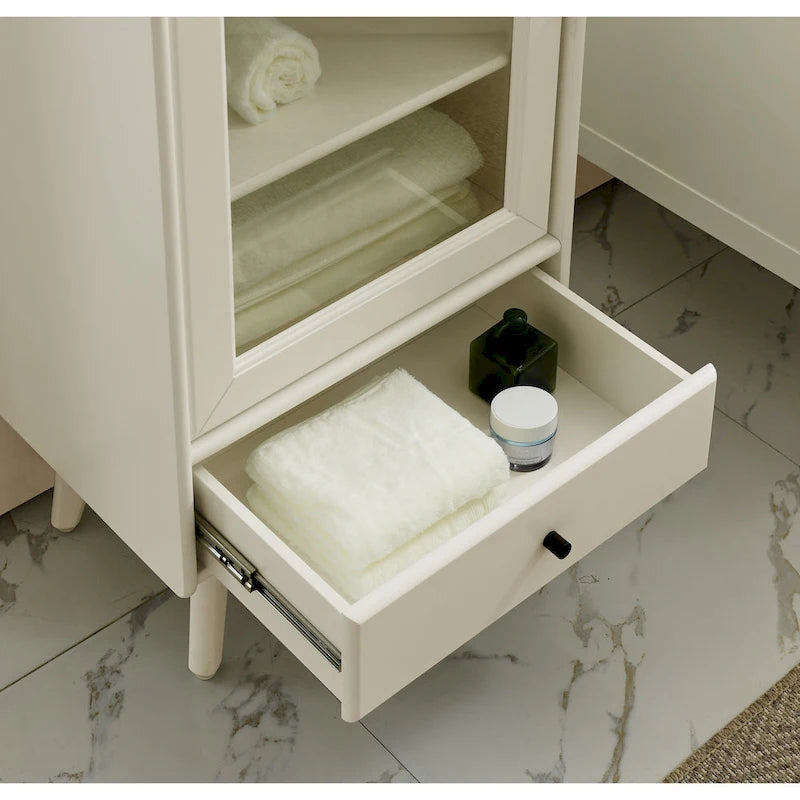 Meuble de rangement de salle de bain moderne avec porte vitrée, deux étagères réglables et tiroir