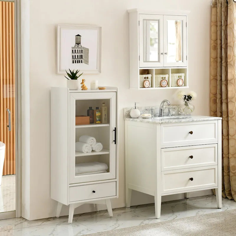 Meuble de rangement de salle de bain moderne avec porte vitrée, deux étagères réglables et tiroir