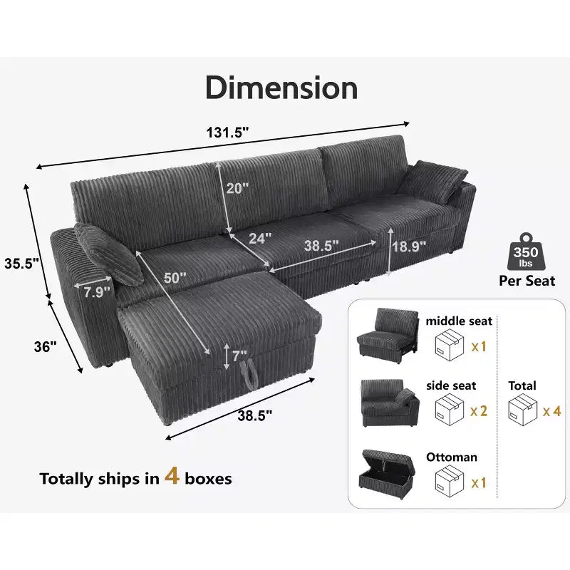 Canapé d'angle modulaire en velours côtelé Dyonery avec housses lavables