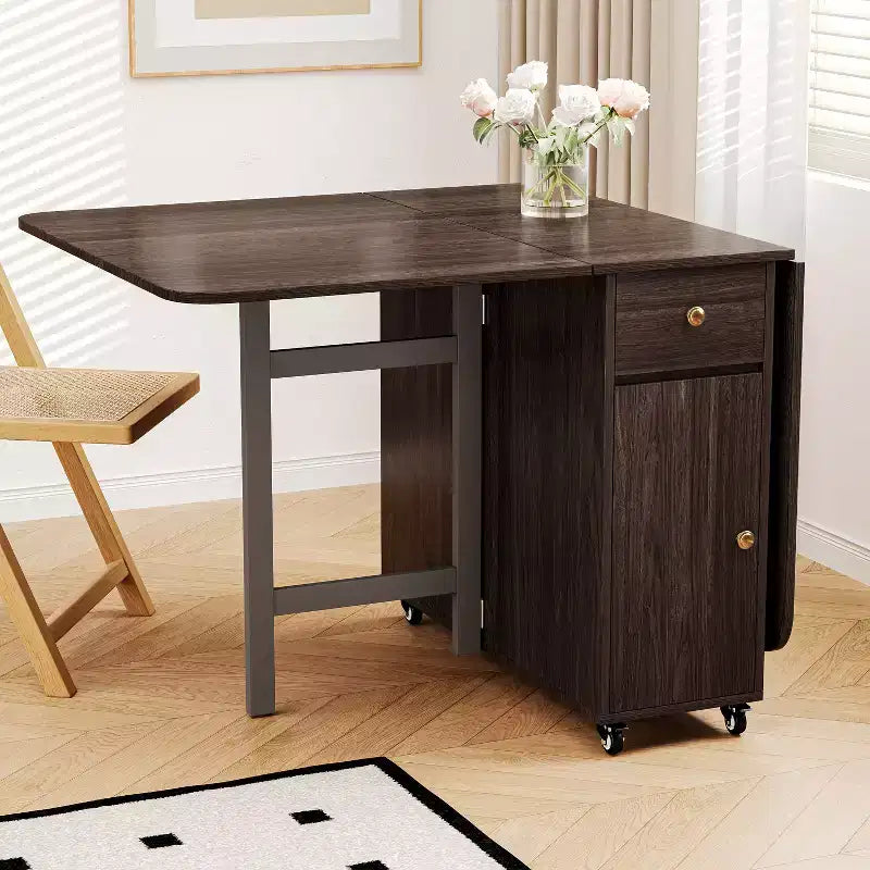 Table à manger pliante ATJafurn 59'' avec abattants pour petits espaces, table de cuisine rectangulaire en bois extensible avec roulettes et rangement