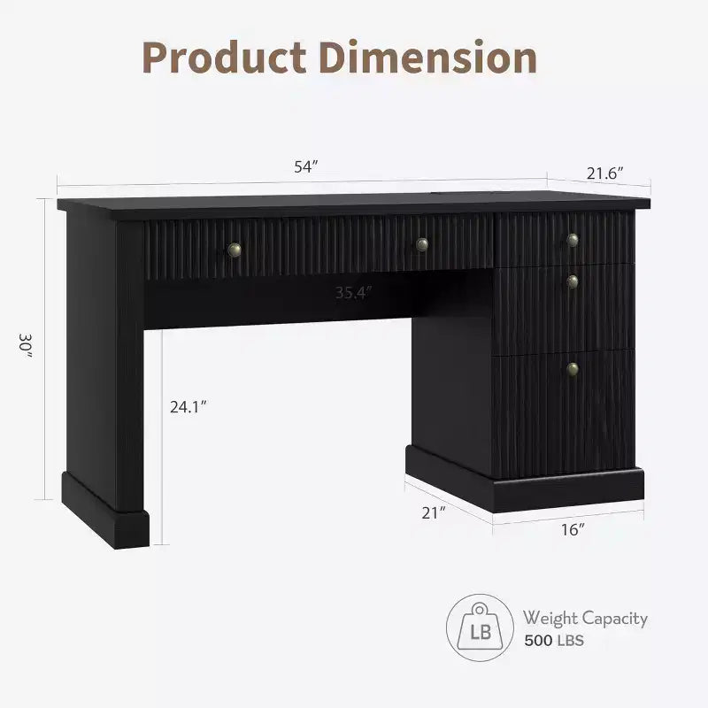 Meuble de rangement de bureau cannelé, bureau de direction moderne de 54 po avec station de recharge, bureau d'ordinateur en bois avec tiroirs classeurs pour bureau d'étude