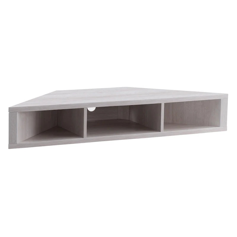 Meuble TV d'angle flottant de 119 cm, 3 étagères, style transitionnel, fixation murale gain de place