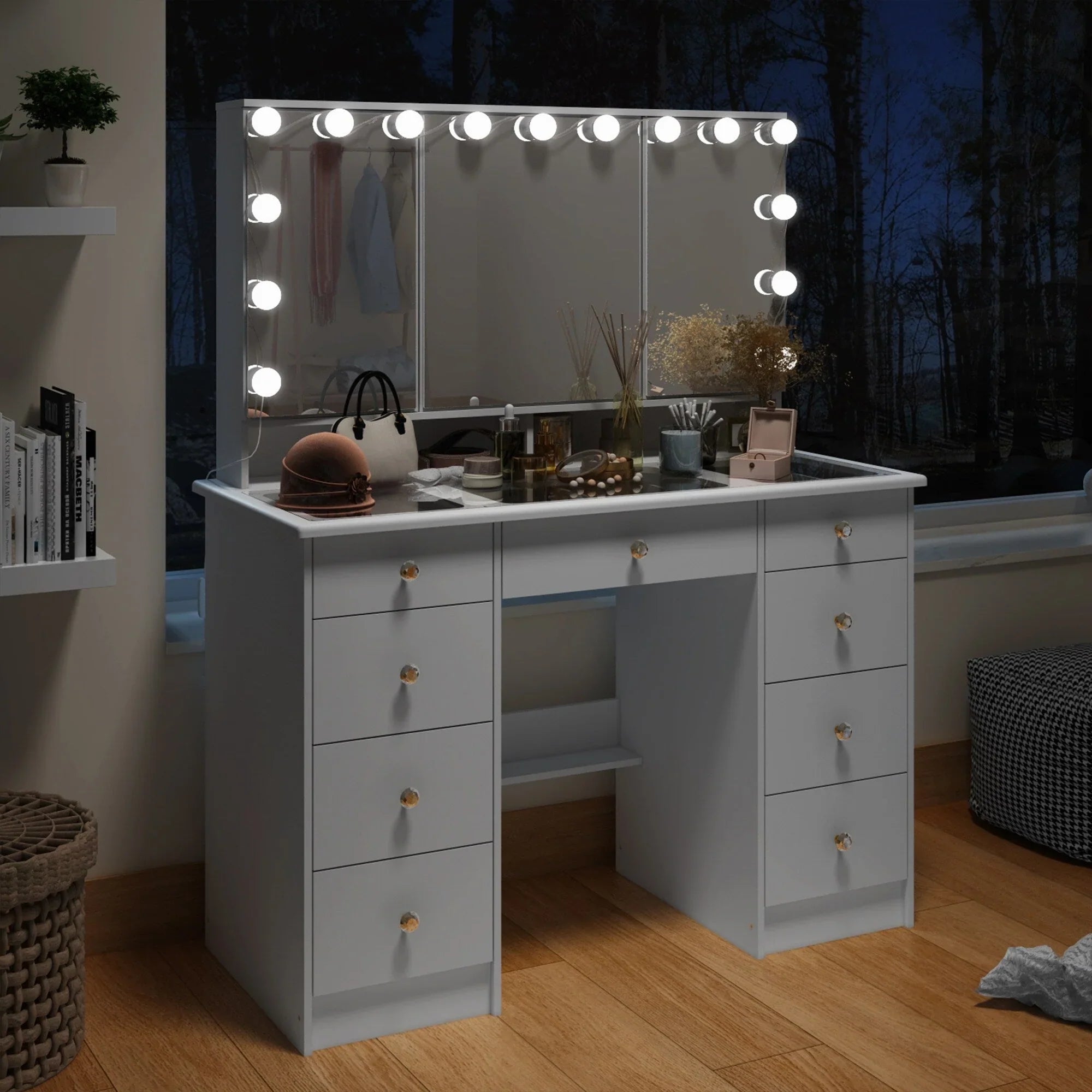 Coiffeuse avec miroir triptyque éclairage certifié et plateau en verre