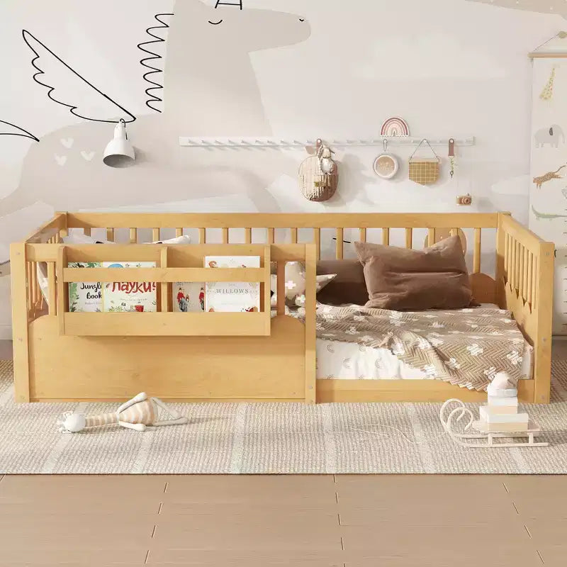 Lit d'enfant Bellemave avec clôture rehaussée et étagère, cadre de lit Montessori double en bois pour filles et garçons