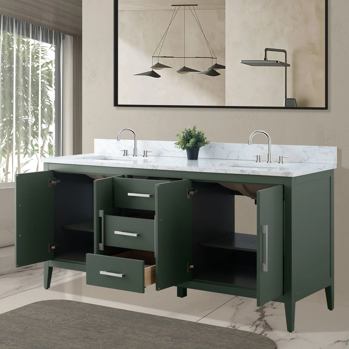 Meuble-lavabo de salle de bain Vanity Art 72 po à double vasque avec dessus en marbre reconstitué