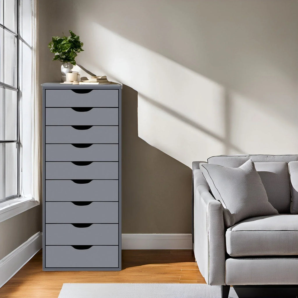 Étroite commode en bois à 9 tiroirs coulissants et étagère de rangement supérieure