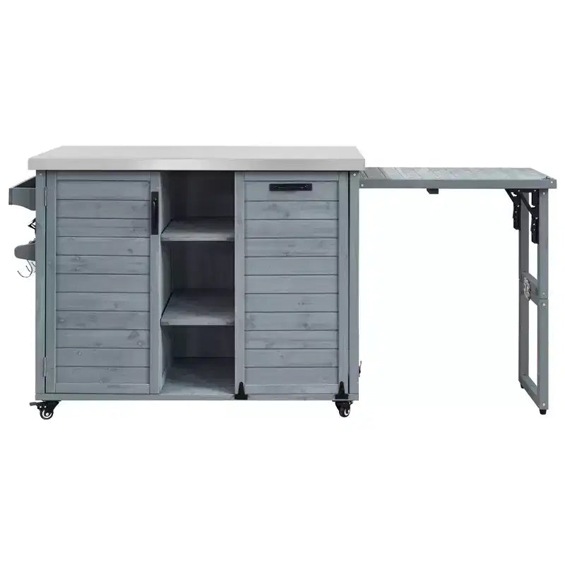Îlot de cuisine d'extérieur FAMYYT de 198,9 cm avec comptoir en acier inoxydable, station de barbecue pliable et armoires de rangement, Bleu Gris
