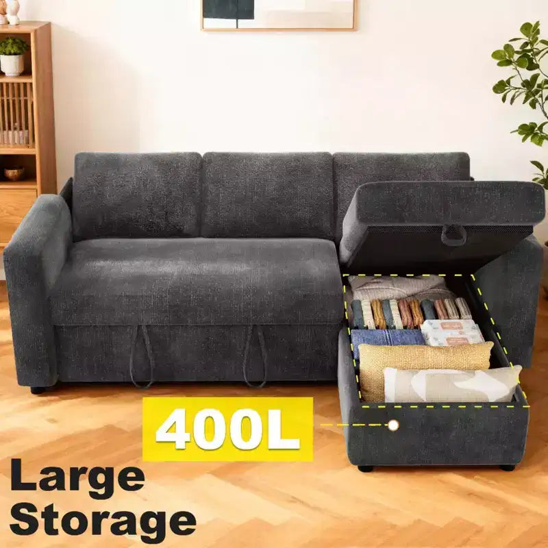 Canapé-lit convertible 2-en-1 avec méridienne de rangement, canapé d'angle en chenille avec ports USB pour salon