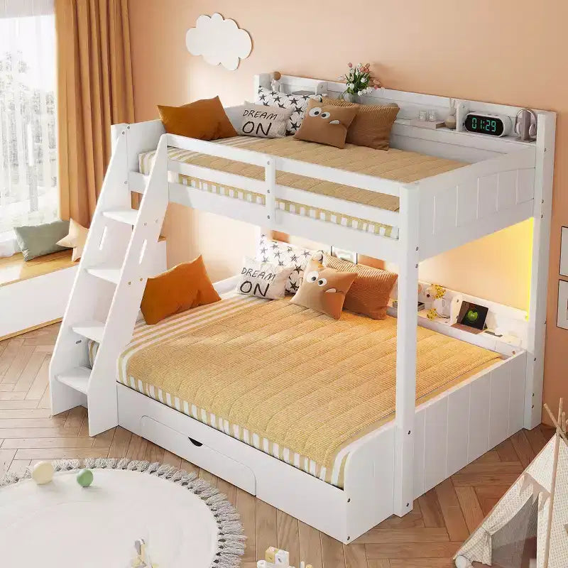 Lit superposé double sur toute la longueur avec rangement, lumières LED et station de charge, lit superposé en bois avec étagères latérales pour enfants et adolescents