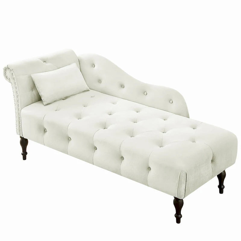 Chaise longue moderne de 154 cm avec revêtement en velours, boutons capitonnés, pieds en bois massif et clous de tapissier