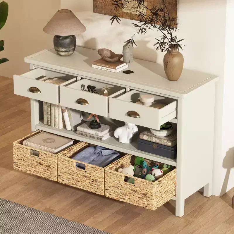 Console de table d'entrée avec rangement, table de couloir de style ferme avec 3 tiroirs et 3 paniers en jacinthe d'eau pour salon ou hall d'entrée - Panipeachy