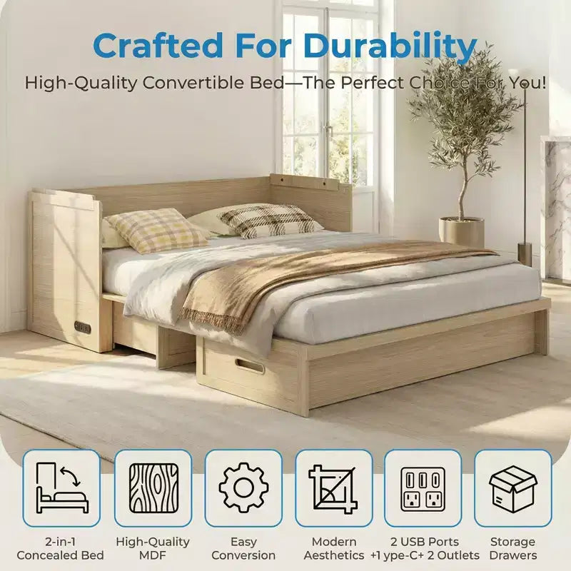 Lit escamotable convertible Queen Size Mjkone avec matelas, chargement USB, tiroirs de rangement