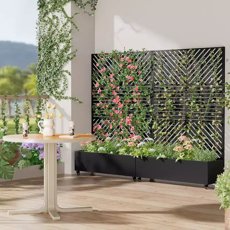 MAYEERTY Jardinière avec treillis en fer noir, ligne parallèle 01, style combiné classique à persiennes, 183x119x41cm, ensemble de 3 pièces