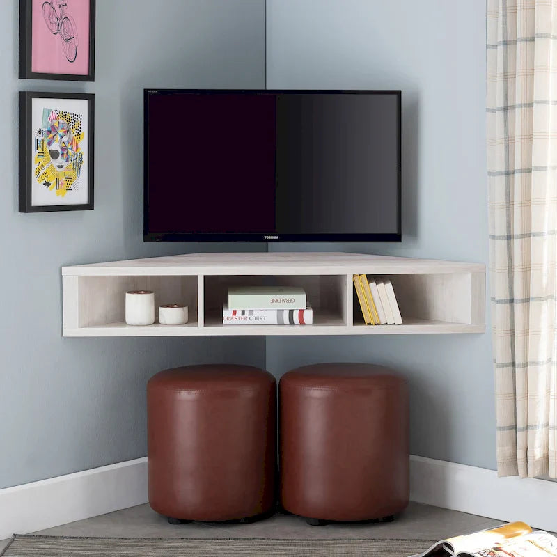 Meuble TV d'angle flottant de 119 cm, 3 étagères, style transitionnel, fixation murale gain de place