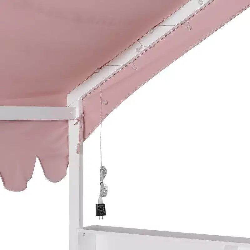 Cadre de lit en bois pleine grandeur Whisen, lit de repos en forme de maison avec clôture, 3 étagères de rangement, rideau