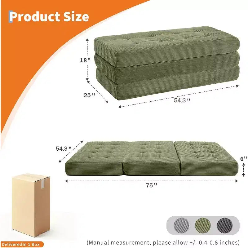 SunnyFurn Matelas pliant triple 6 pouces pour canapé-lit, 75X54.3 Lit d'appoint pliable en mousse avec velours côtelé capitonné, portable pour le camping, le salon, la chambre à coucher