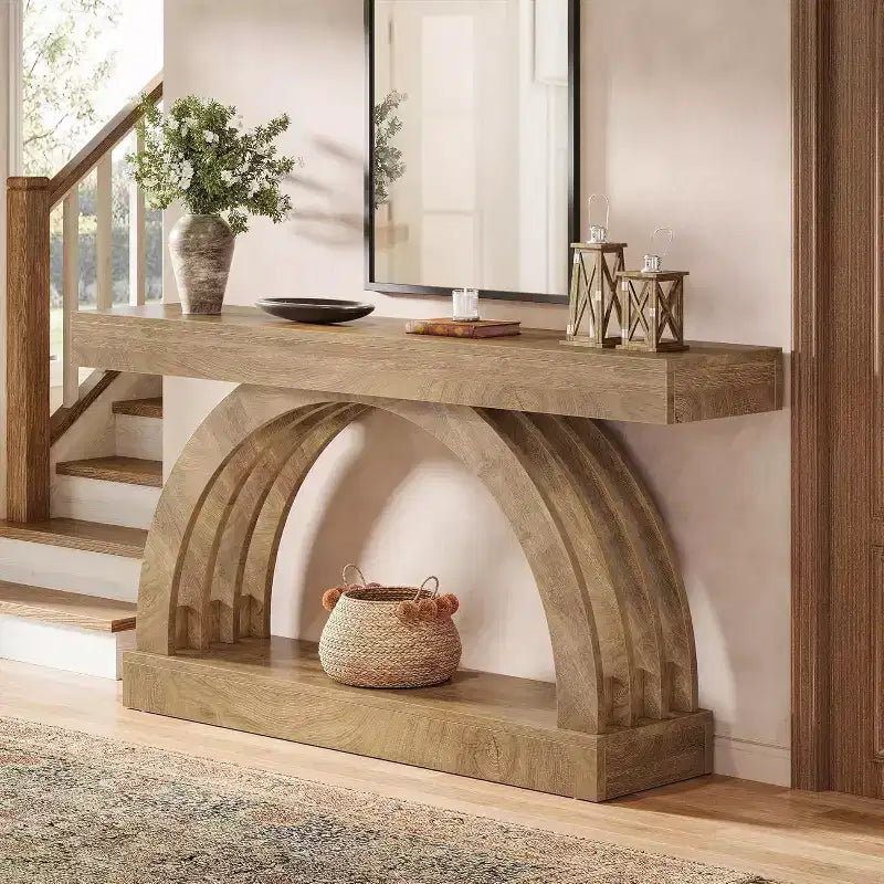 Table d'entrée Lantine de 63 pouces, table de canapé à 2 niveaux derrière le canapé, console étroite de style ferme avec arche unique pour le couloir, le salon, le foyer, naturelle