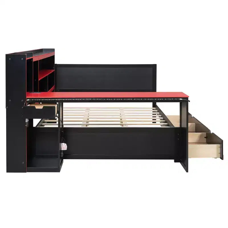 Lit de repos de jeu double/grand avec tête de lit bibliothèque, lumières LED, bureau intégré, tiroirs et station de charge