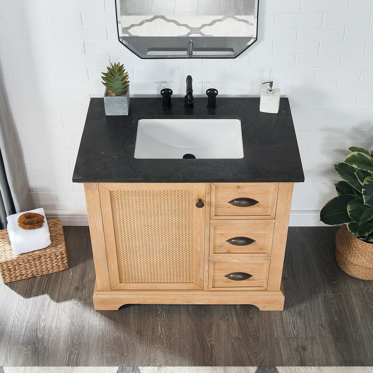 Meuble sous-vasque Hervas avec plateau en marbre naturel, sans miroir