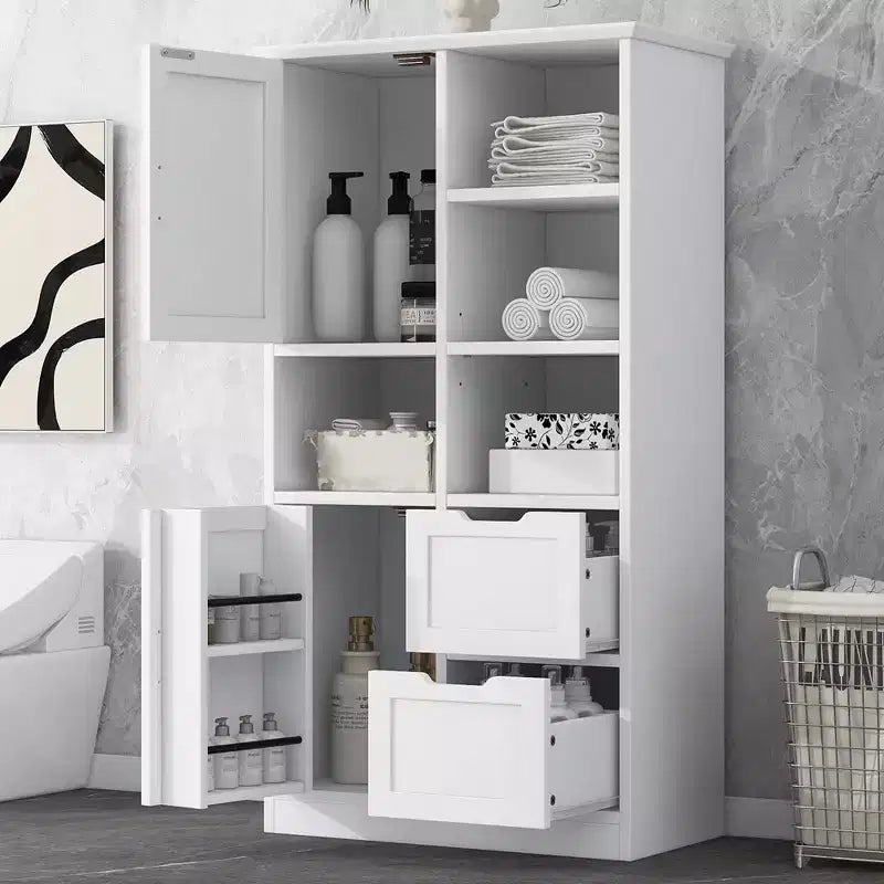 Meuble de rangement de salle de bain de 157 cm de haut, armoire de rangement au sol autoportante avec tiroir et étagère réglable, armoire de rangement pour garde-manger pour salle de bain, salon
