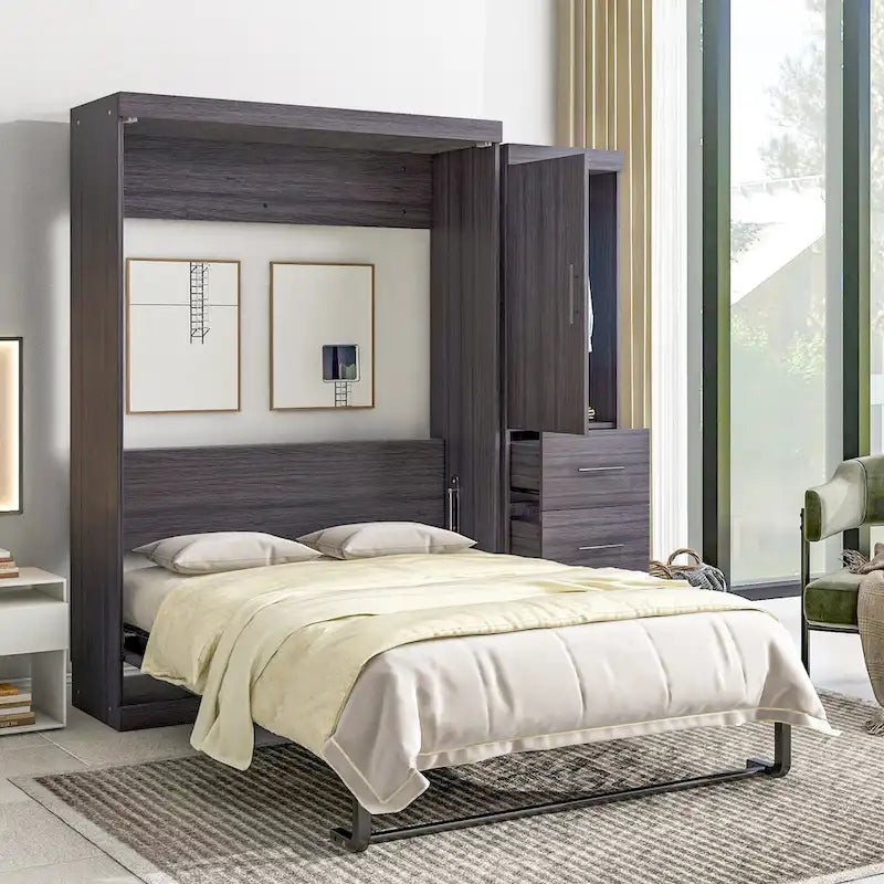 Lit escamotable gris avec armoire et 3 tiroirs, grand lit/lit simple, 1 personne
